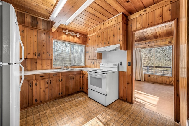 kitchen featuring sink, wooden ceiling, fridge, wooden walls, and white range with electric cooktop