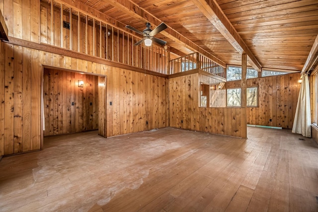 spare room with wood ceiling, light hardwood / wood-style flooring, ceiling fan, beam ceiling, and wood walls