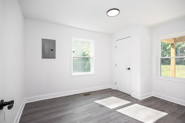 spare room with dark wood-type flooring and electric panel