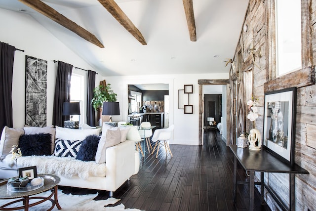 living room featuring high vaulted ceiling, dark hardwood / wood-style floors, and beamed ceiling