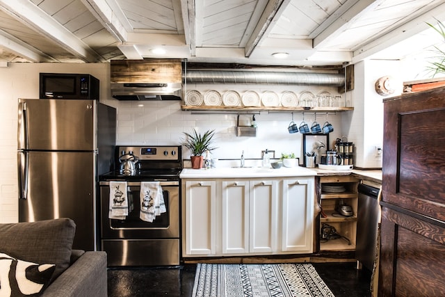 kitchen with tasteful backsplash, white cabinetry, beamed ceiling, sink, and stainless steel appliances