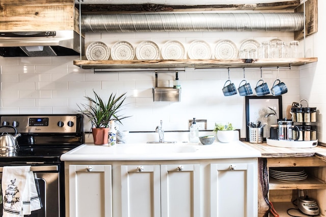 kitchen featuring white cabinetry, stainless steel range with electric cooktop, and backsplash