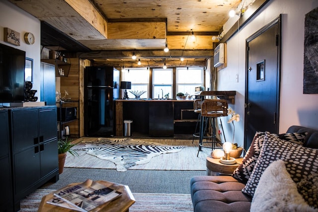 living room with wood ceiling