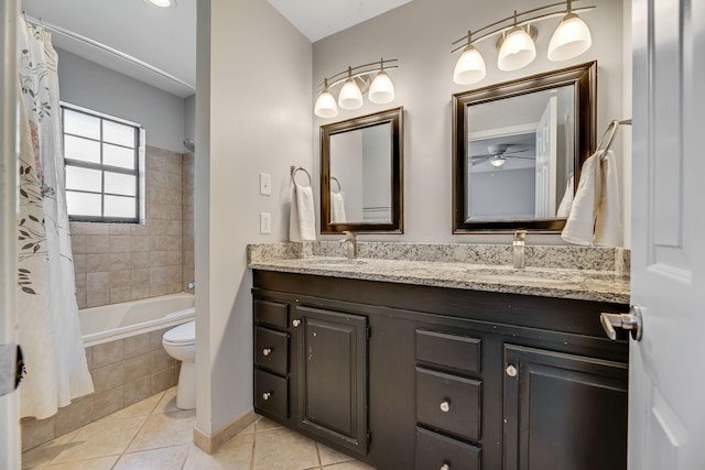 full bathroom with toilet, tile patterned floors, shower / bathtub combination with curtain, and vanity