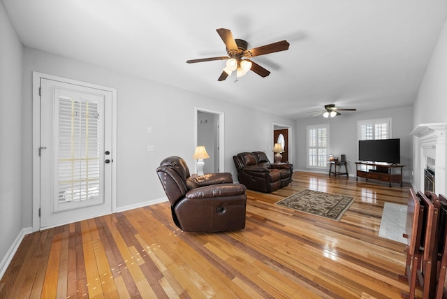 living room with ceiling fan and wood-type flooring