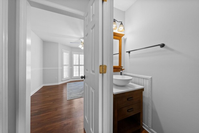 bathroom featuring wood-type flooring, vanity, and ceiling fan