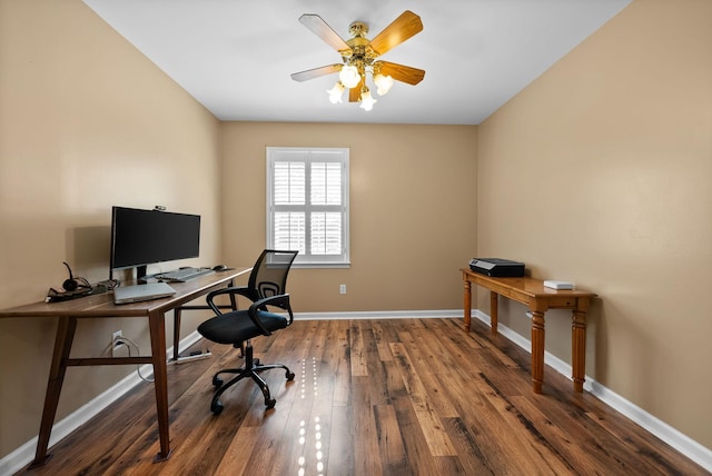 office with dark hardwood / wood-style floors and ceiling fan