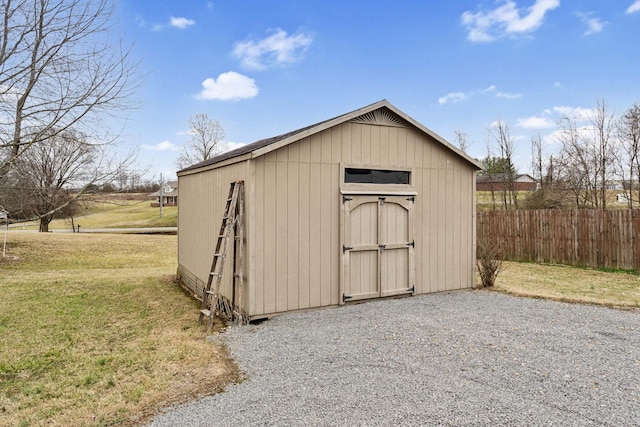 view of outbuilding with a lawn