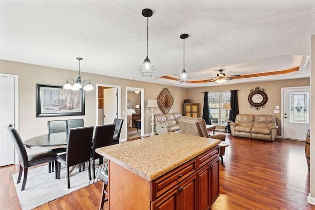 kitchen with a raised ceiling, dark hardwood / wood-style floors, and decorative light fixtures