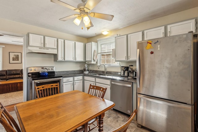 kitchen featuring sink, stainless steel appliances, white cabinets, and ceiling fan