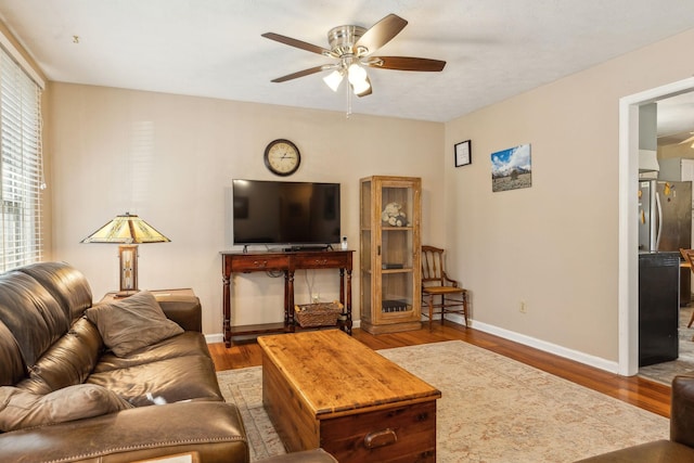 living room with wood-type flooring and ceiling fan