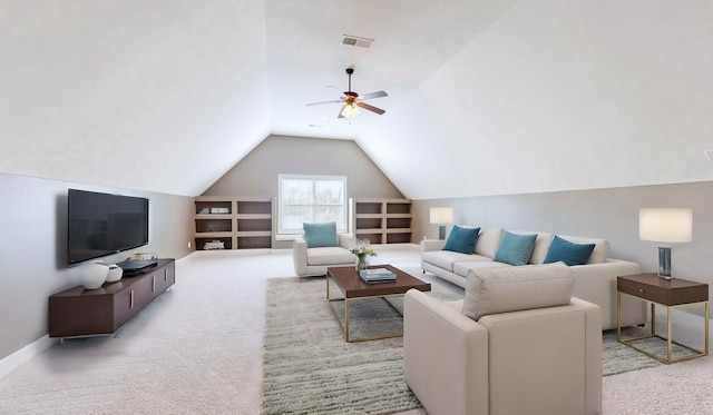 living room featuring light colored carpet and lofted ceiling