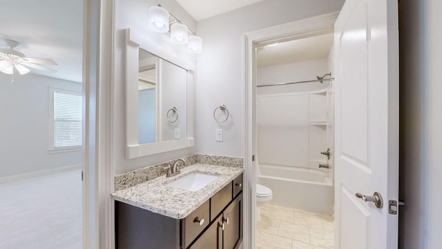 full bathroom featuring ceiling fan, vanity, toilet, and  shower combination