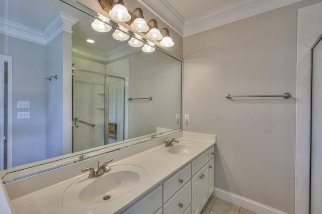 bathroom featuring a shower with door, ornamental molding, tile patterned flooring, and vanity