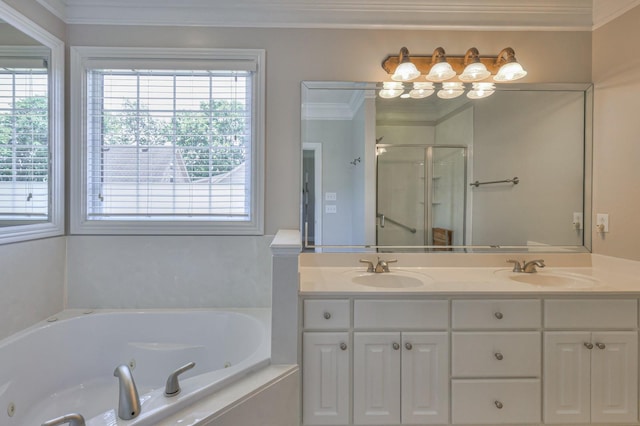 bathroom featuring vanity, separate shower and tub, and crown molding