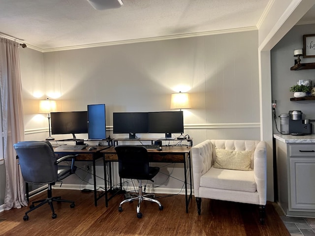 office space with ornamental molding and dark wood-type flooring