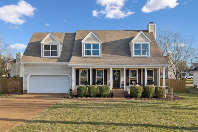 cape cod home with a porch, a garage, and a front lawn