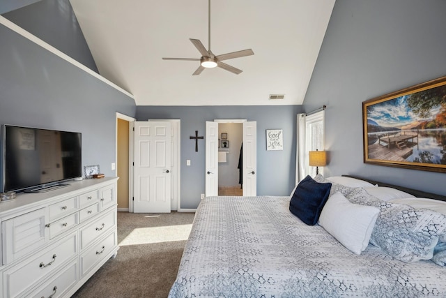 carpeted bedroom featuring high vaulted ceiling and ceiling fan