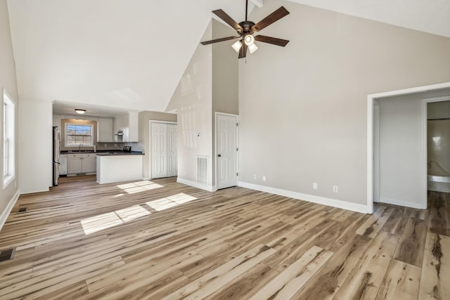 unfurnished living room with light wood-style floors, visible vents, and a sink