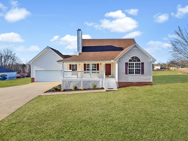 single story home featuring a chimney, a porch, a front yard, crawl space, and driveway