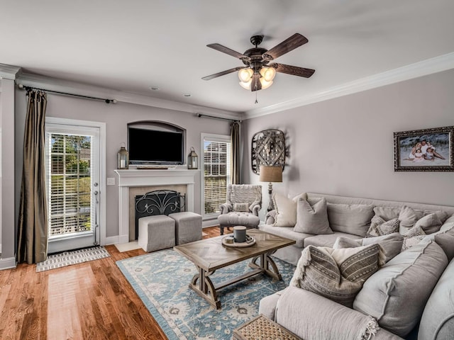 living room with ornamental molding, hardwood / wood-style floors, and ceiling fan