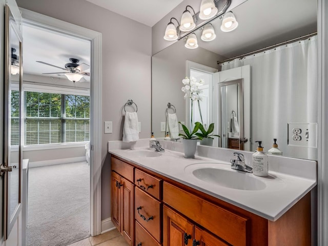 bathroom with vanity, tile patterned floors, and ceiling fan