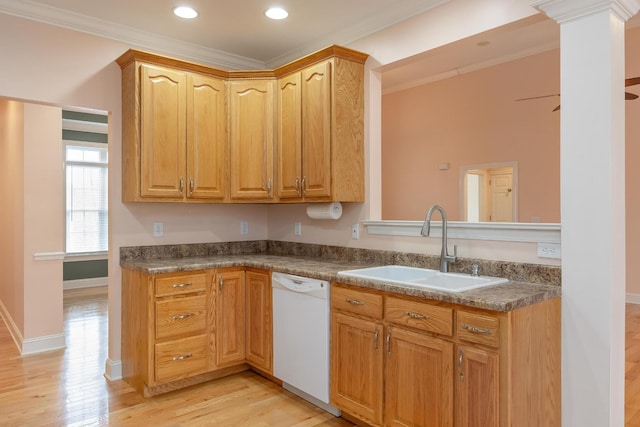 kitchen with sink, dishwasher, ornamental molding, light wood-type flooring, and ornate columns