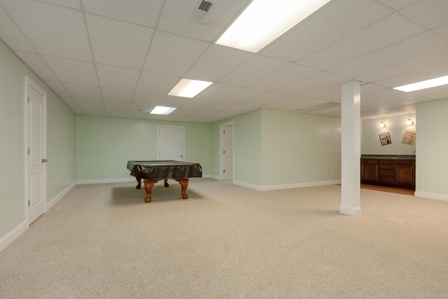 recreation room featuring pool table and a drop ceiling