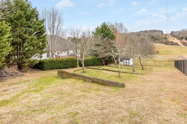 view of yard with a shed and a rural view