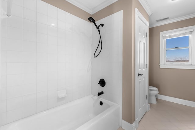 bathroom featuring visible vents, toilet, crown molding, and  shower combination