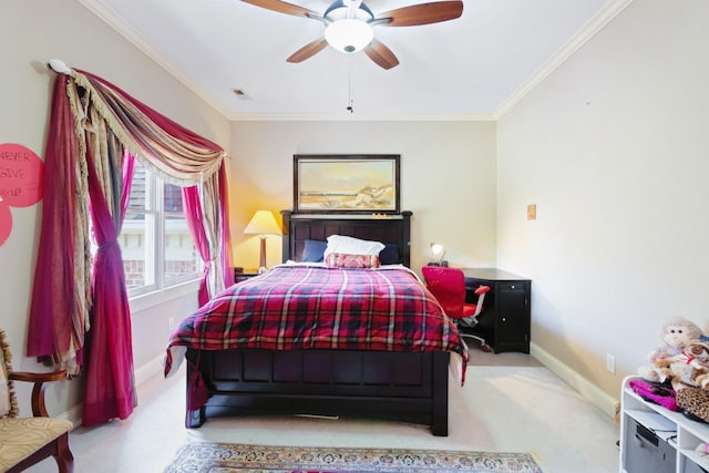 bedroom with crown molding, visible vents, baseboards, and carpet floors