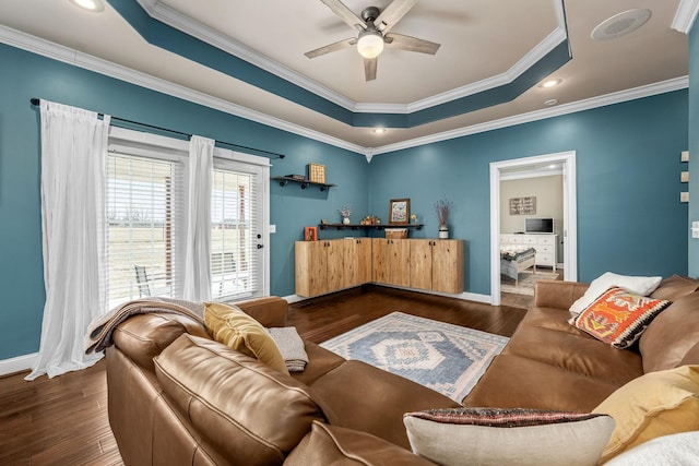 living room with crown molding, dark hardwood / wood-style flooring, and a raised ceiling