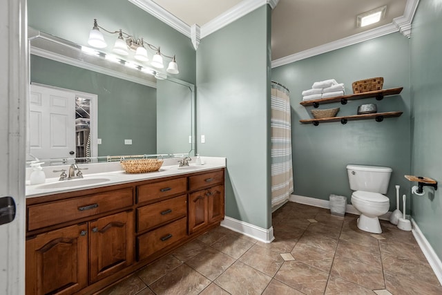 bathroom featuring ornamental molding, vanity, toilet, tile patterned floors, and a shower with curtain