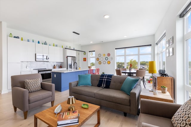 living room with sink and light hardwood / wood-style flooring