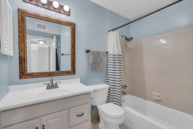 full bathroom with shower / bathtub combination with curtain, vanity, and toilet