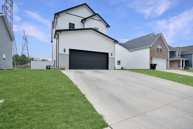 modern farmhouse style home with a garage and a front yard