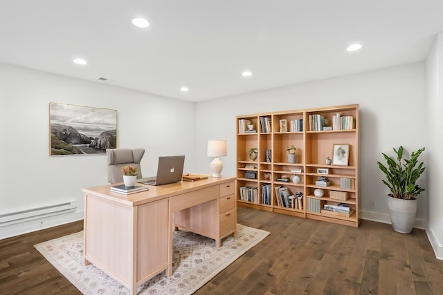 office with a baseboard radiator and dark hardwood / wood-style floors