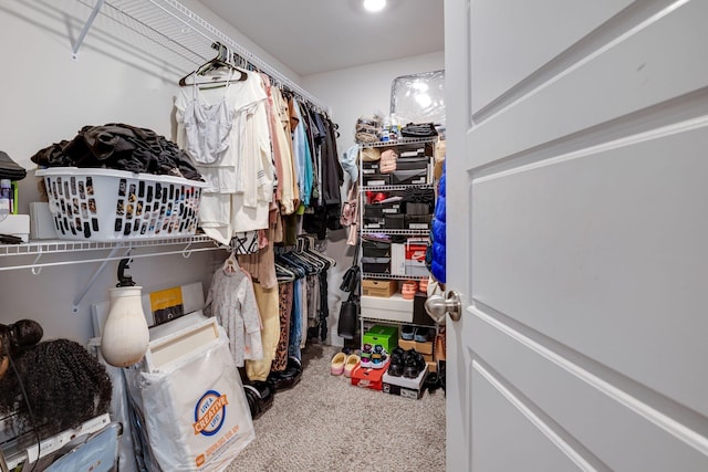 walk in closet with carpet