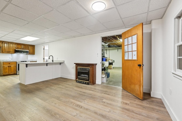 kitchen with sink, a kitchen bar, electric range, kitchen peninsula, and light hardwood / wood-style flooring