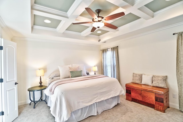 bedroom featuring light colored carpet, ornamental molding, and coffered ceiling