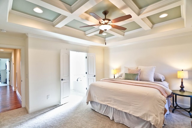 bedroom featuring light colored carpet, ornamental molding, coffered ceiling, and beam ceiling