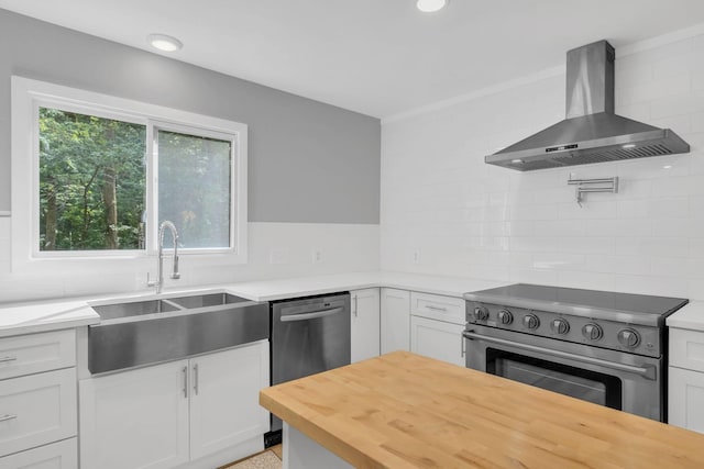 kitchen featuring appliances with stainless steel finishes, white cabinetry, sink, exhaust hood, and plenty of natural light