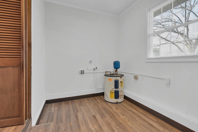 washroom with hardwood / wood-style floors, crown molding, and electric water heater