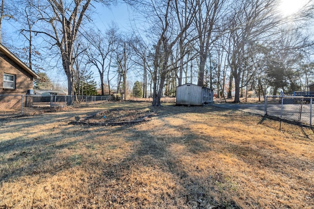 view of yard featuring a storage shed