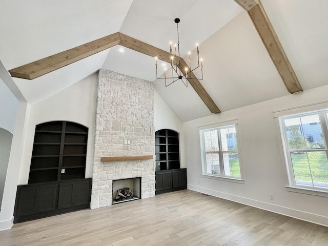 unfurnished living room featuring beam ceiling, a fireplace, high vaulted ceiling, and light wood-type flooring