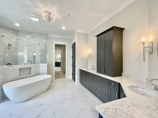 bathroom with vanity, ornamental molding, and shower with separate bathtub