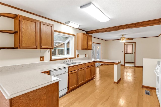 kitchen featuring sink, light wood-type flooring, dishwasher, kitchen peninsula, and ceiling fan