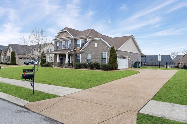 craftsman house with central AC, a garage, and a front lawn