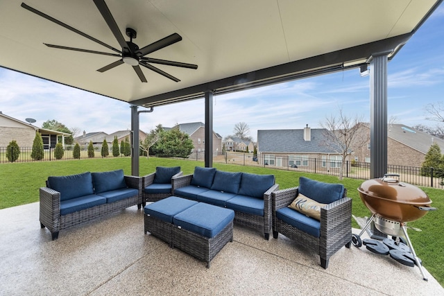 view of patio / terrace featuring ceiling fan and outdoor lounge area