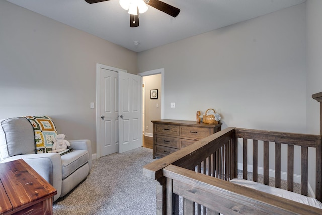 carpeted bedroom with ceiling fan